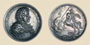 Silvermedalj, graverad av Georg Hautsch 1709, till minnet av rysk segern i slaget vid Poltava. 