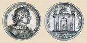 Silvermedalj, graverad av Peter Berg(?) 1709, till minnet av rysk segern i slaget vid Poltava.