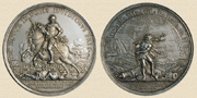 Silvermedalj, graverad av Philipp Müller 1709, till minnet av rysk segern i slaget vid Poltava.