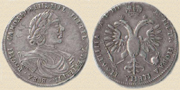 Poltina (auch 'Poltinnik'), Zar Peter I. 1718. Silber.