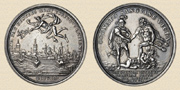 Silvermedalj graverad av Philipp Müller, till minnet av fredsfördrag som slöts i Altranstädt den 14 september 1706.