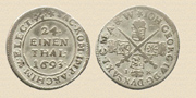 1/24 талера Августа II. 1693г. Серебро. Монетный двор, г. Дрезден. Буквы JK принадлежали минцмейстеру монетного двора Яну Коху (1688-1698).