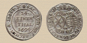 1/24 талера 1694г. Серебро. Монетный двор, г. Дрезден. Буквы JK принадлежали минцмейстеру монетного двора Яну Коху (1688-1698).