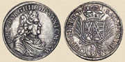 2/3 талера иоанна Георга IV. 1691г. Серебро. Монетний двор г. Дрезден. Буквы JK принадлежали минцмейстеру монетного двора Яну Коху (1688-1698).