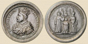 Silvermedalj graverad till  minnet av Augustus II's kröning den 15 September, 1697.