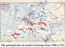 The principal sites of warfare in Europe from 1700 to 1721