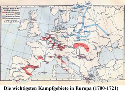 Die wichtigsten Kampfgebiete in Europa (1700-1721)